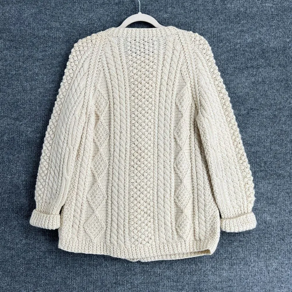 Vintage Wm McNelis & Sons Wool Fisherman Sweater Cardigan Womens M Cream Chunky